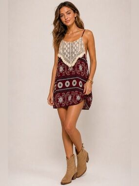 Hayden Boho Lace Trim Burgundy Midi Dress Festival Anthropologie M